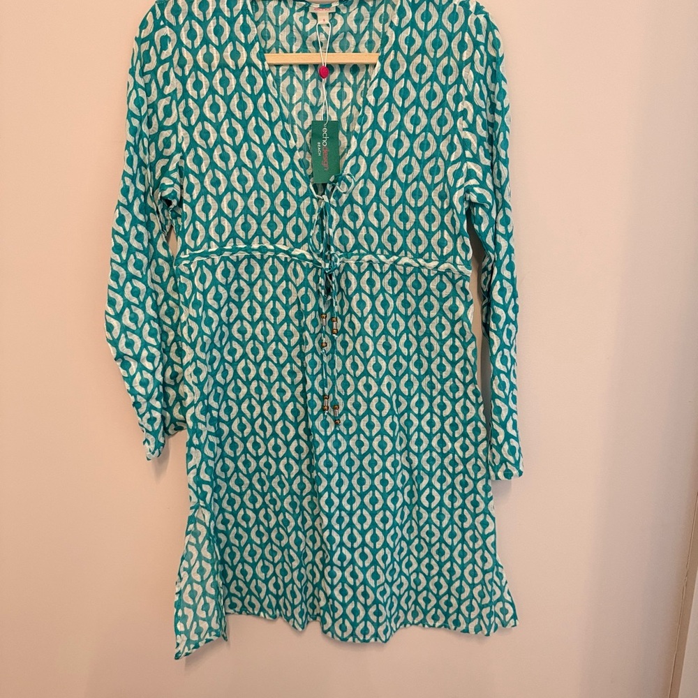 NWT Women’s Echo Design Teal and White Printed Tunic, size small